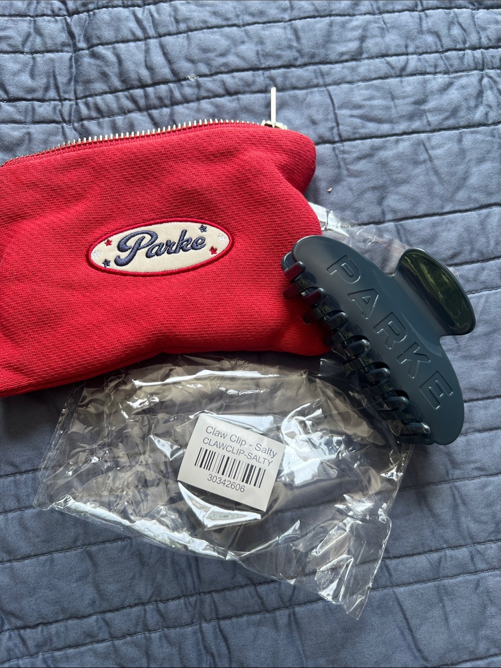 Parke Salty Blue Hair Claw Clip and Coastal Pouch New In Bag NWT